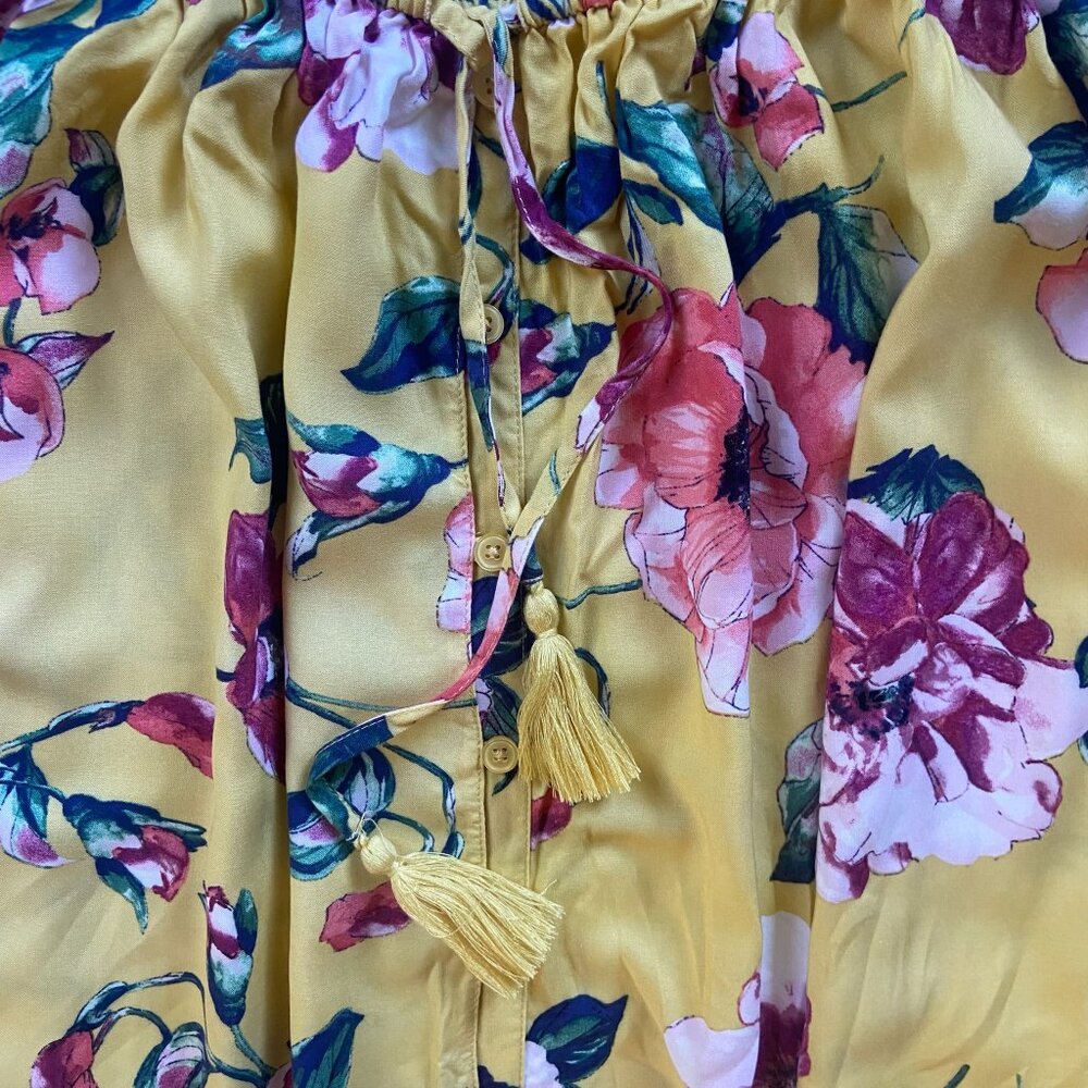 NWT BAND OF GYPSIES Yellow Floral Maxi Dress Off Shoulder Ruffle High Low Hem L - Picture 5 of 7